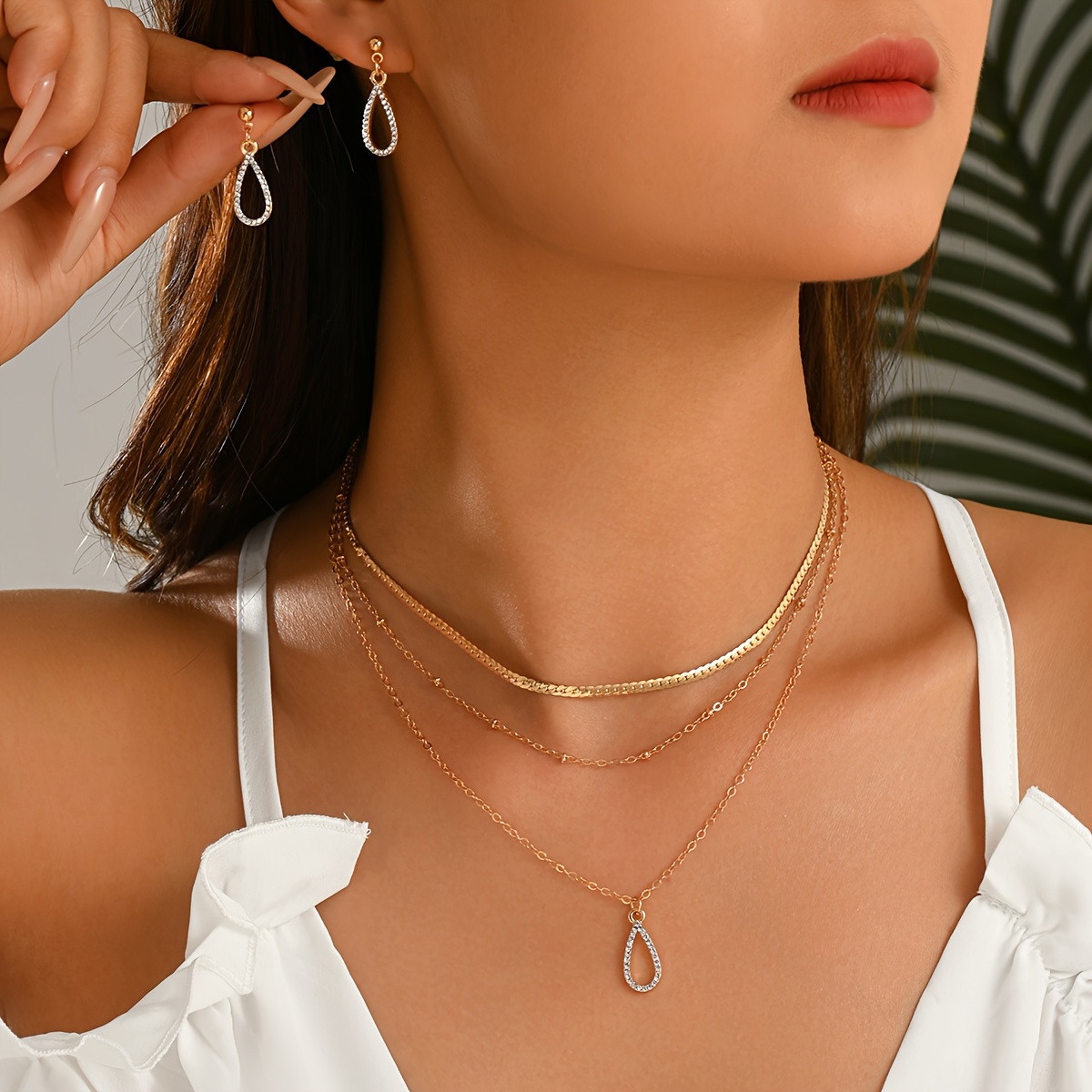 5pcs Elegant Golden Rhinestone Teardrop Necklace Earrings Set